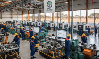 Modern manufacturing facility in Sub-Saharan Africa with workers assembling automotive parts, agro-processing equipment, symbolizing the region's industrial growth and integration of Industry 4.0 technologies.