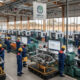 Modern manufacturing facility in Sub-Saharan Africa with workers assembling automotive parts, agro-processing equipment, symbolizing the region's industrial growth and integration of Industry 4.0 technologies.