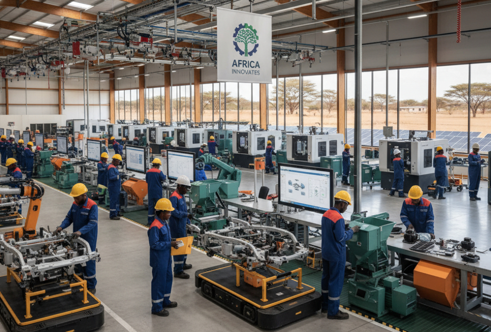 Modern manufacturing facility in Sub-Saharan Africa with workers assembling automotive parts, agro-processing equipment, symbolizing the region's industrial growth and integration of Industry 4.0 technologies.