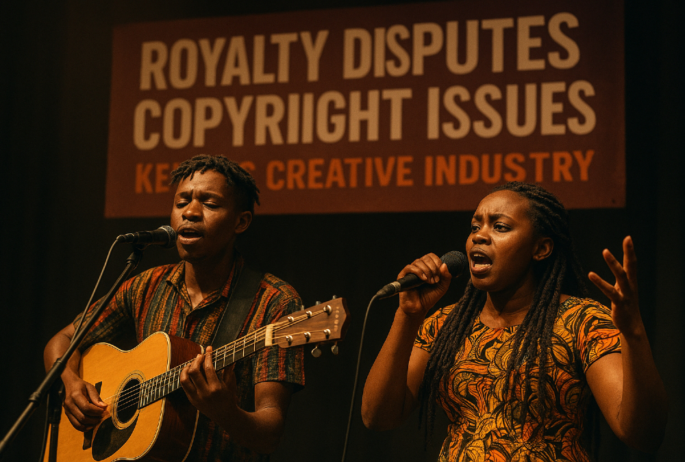 Kenyan musicians performing on stage, highlighting the challenges of royalty disputes and copyright issues in Kenya’s creative industry.