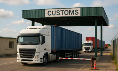 Freight containers passing through a customs post, symbolizing the cross-border efficiency enabled by the Trans Africa Border Hub platform.