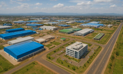 Aerial view of an African industrial zone showcasing modern infrastructure, manufacturing facilities, and logistics hubs representing the continent’s push toward industrialization.