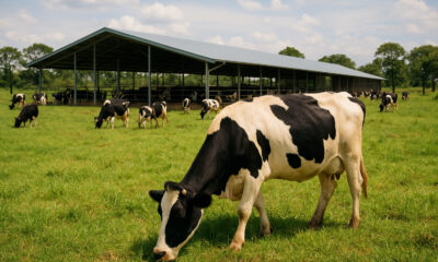A modern African dairy farm with healthy cows grazing, illustrating the potential growth and modernization of dairy farming across Africa to boost food security and rural development.