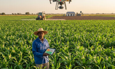 African farmer using drones and mechanization for precision agriculture to monitor crop health and improve sustainable farming practices.