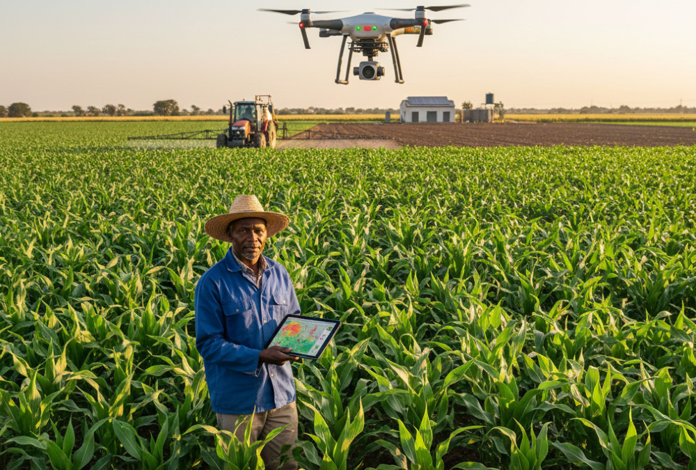 African farmer using drones and mechanization for precision agriculture to monitor crop health and improve sustainable farming practices.