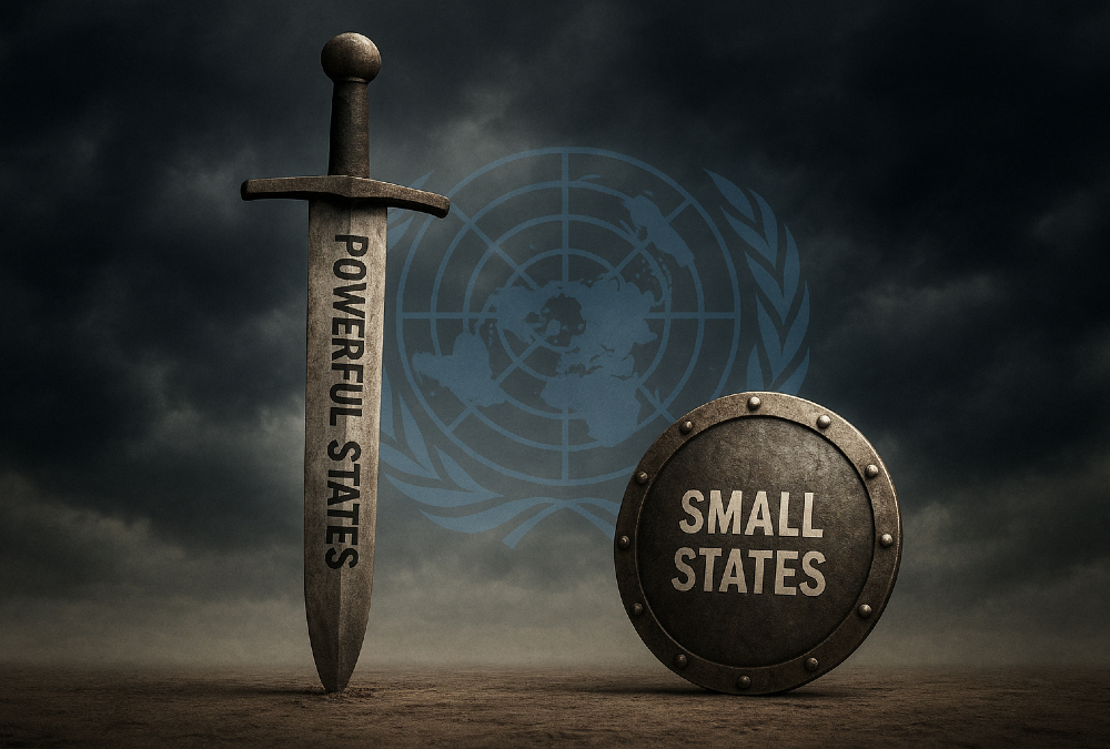 Symbolic representation of global sovereignty inequality: a large sword labeled "Powerful States" towering over a small, resilient shield marked "Small States," set against a backdrop of the United Nations and storm clouds representing climate and economic vulnerability.