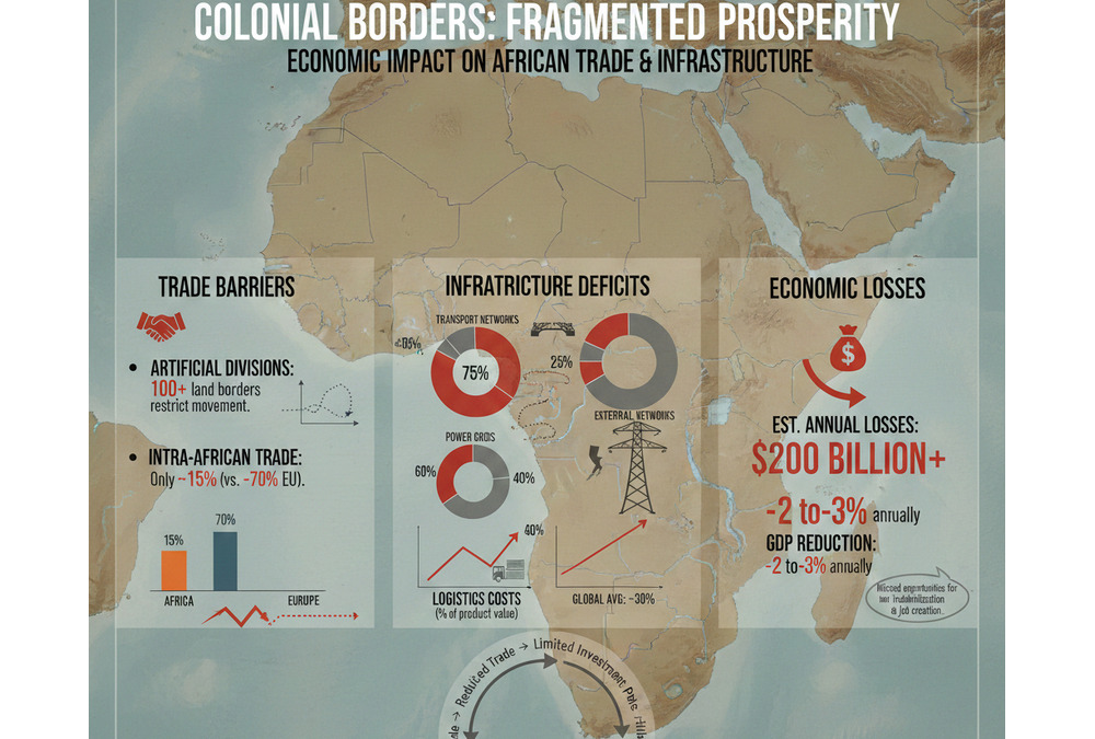 Infographic on the economic impact of colonial borders on modern African trade and infrastructure.