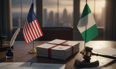 US and Nigerian flags with diplomatic documents and a gavel, symbolizing tensions over religious freedom designation and diplomatic relations between the United States and Nigeria.