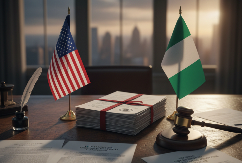 US and Nigerian flags with diplomatic documents and a gavel, symbolizing tensions over religious freedom designation and diplomatic relations between the United States and Nigeria.