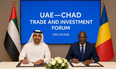 Chad and UAE leaders at the Abu Dhabi Trade & Investment Forum signing agreements to launch the $30 billion Chad Connection 2030 corridor, symbolizing a strategic economic partnership linking Central Africa with Gulf investment in infrastructure, energy, and trade.