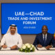 Chad and UAE leaders at the Abu Dhabi Trade & Investment Forum signing agreements to launch the $30 billion Chad Connection 2030 corridor, symbolizing a strategic economic partnership linking Central Africa with Gulf investment in infrastructure, energy, and trade.