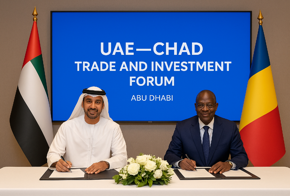 Chad and UAE leaders at the Abu Dhabi Trade & Investment Forum signing agreements to launch the $30 billion Chad Connection 2030 corridor, symbolizing a strategic economic partnership linking Central Africa with Gulf investment in infrastructure, energy, and trade.