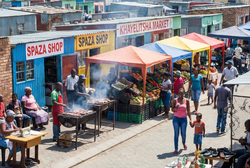 Vibrant street market in a South African township with spaza shops, food vendors, and entrepreneurs at work—showcasing the structured, productive reality of the so-called "informal" economy.
