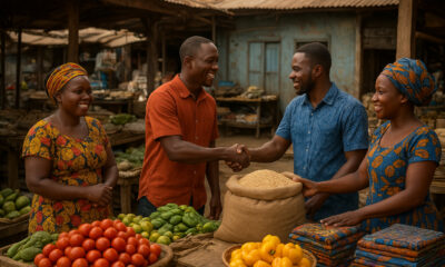 Modern African marketplace with traders, local infrastructure, and community collaboration symbolizing patience, partnership, and long-term business opportunity in emerging markets.