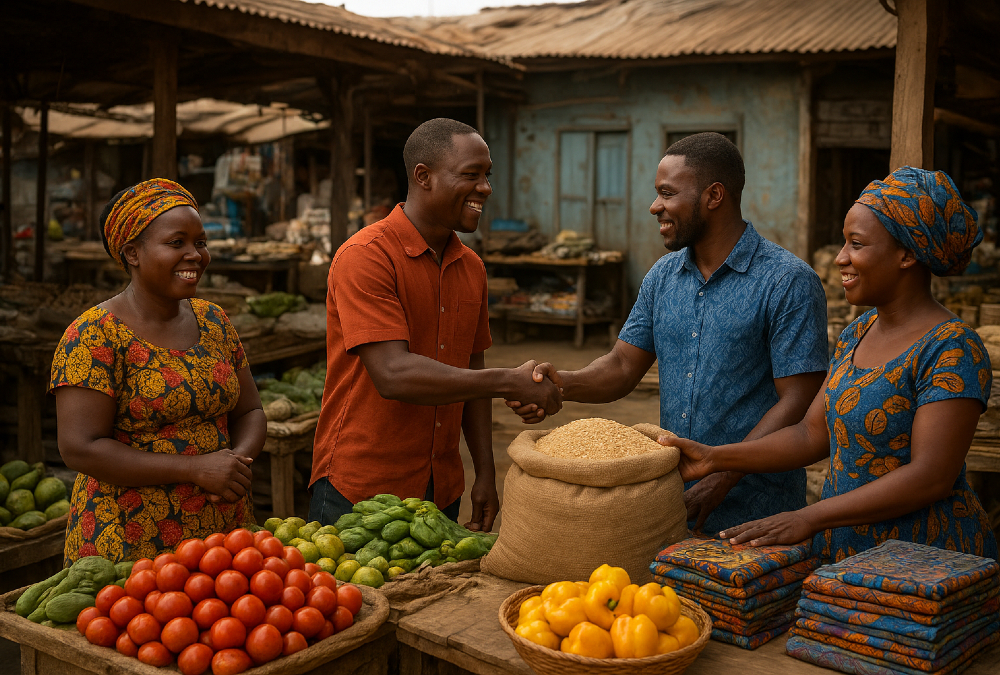 Modern African marketplace with traders, local infrastructure, and community collaboration symbolizing patience, partnership, and long-term business opportunity in emerging markets.