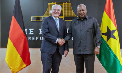 German President Frank-Walter Steinmeier meeting Ghanaian President John Dramani Mahama in Accra during a state visit to strengthen trade, renewable energy collaboration, and regional security partnerships between Ghana and Germany.