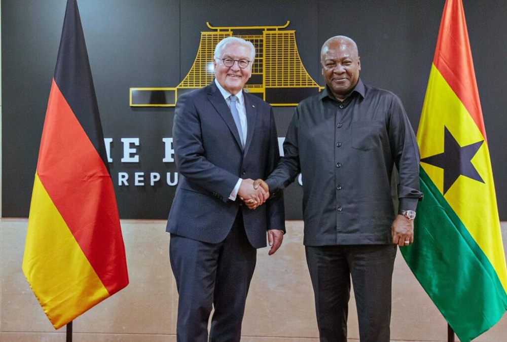 German President Frank-Walter Steinmeier meeting Ghanaian President John Dramani Mahama in Accra during a state visit to strengthen trade, renewable energy collaboration, and regional security partnerships between Ghana and Germany.