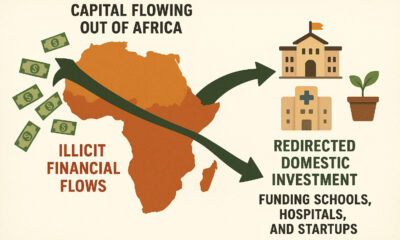 Illustration showing capital flowing out of Africa as illicit financial flows versus redirected domestic investment funding schools, hospitals, and startups.