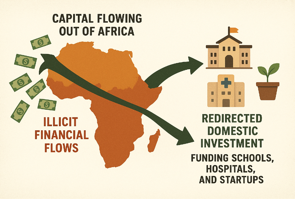 Illustration showing capital flowing out of Africa as illicit financial flows versus redirected domestic investment funding schools, hospitals, and startups.