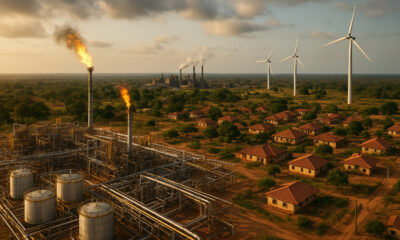 Please generate a realistic image of dimensions 1536 by 1024 from the following theme: African oil and gas infrastructure powering homes, industries, and renewable energy transition across the continent.