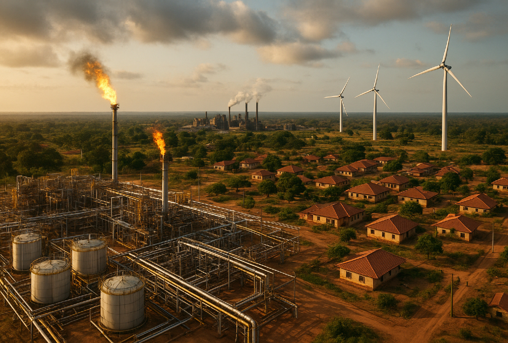 Please generate a realistic image of dimensions 1536 by 1024 from the following theme: African oil and gas infrastructure powering homes, industries, and renewable energy transition across the continent.