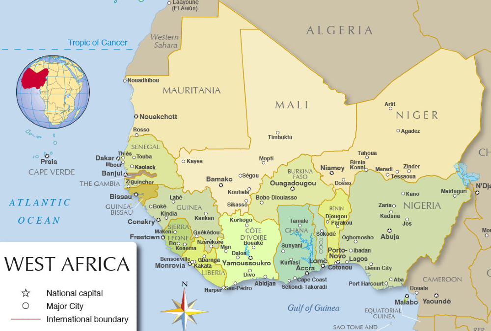 Map of West Africa showing coastal economic hubs and underdeveloped northern regions.