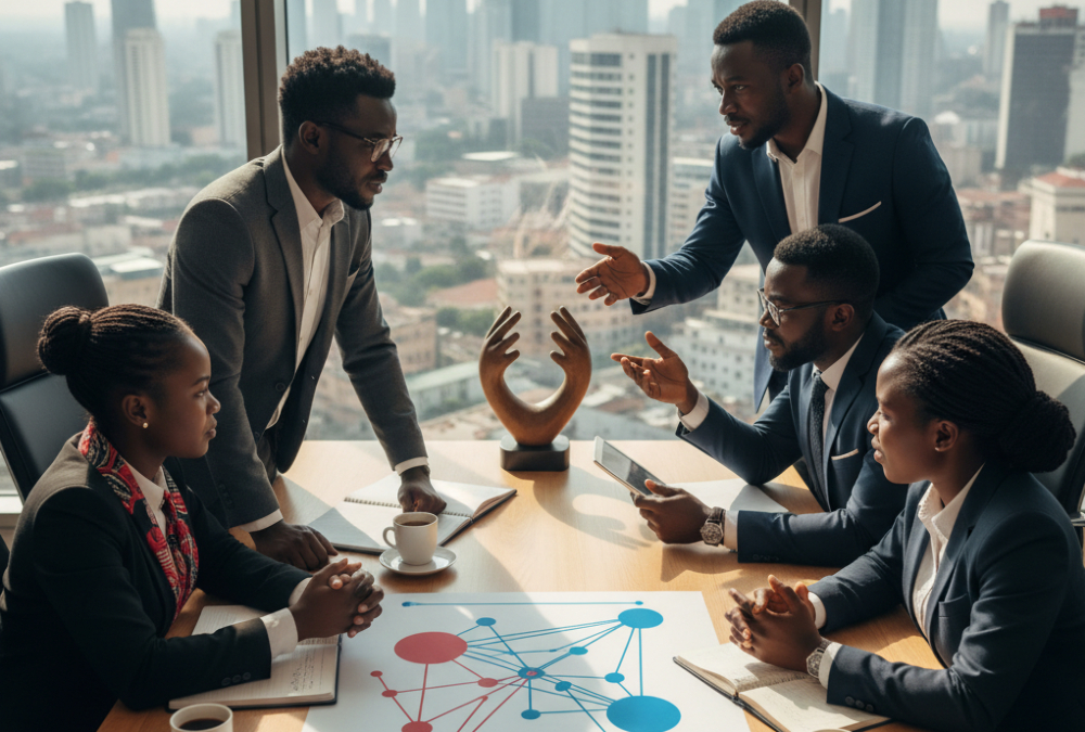 African business professionals discussing market strategies, symbolizing challenges and trust-building in African economic development.
