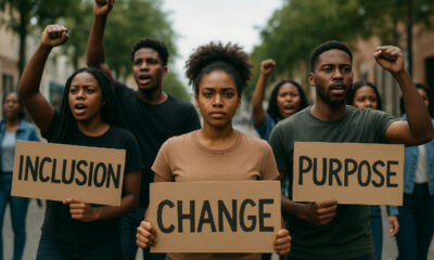 Please generate a realistic image of dimensions 1536 by 1024 from the following theme: African youth people protesting peacefully, symbolizing a global movement for inclusion, purpose, and social change.