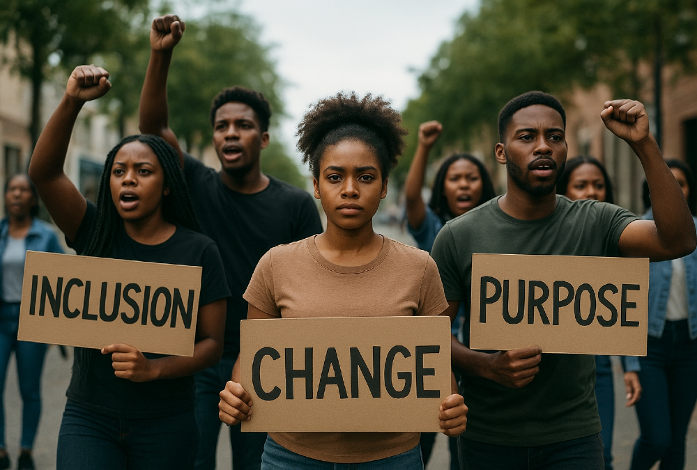 Please generate a realistic image of dimensions 1536 by 1024 from the following theme: African youth people protesting peacefully, symbolizing a global movement for inclusion, purpose, and social change.