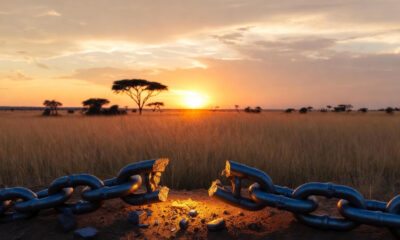 A broken chain next to a rising sun over the African savanna, symbolizing breaking silence and a new dawn