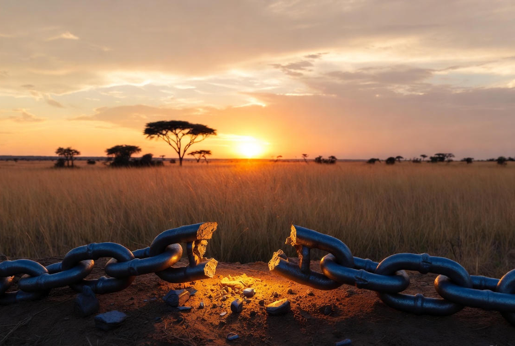 A broken chain next to a rising sun over the African savanna, symbolizing breaking silence and a new dawn