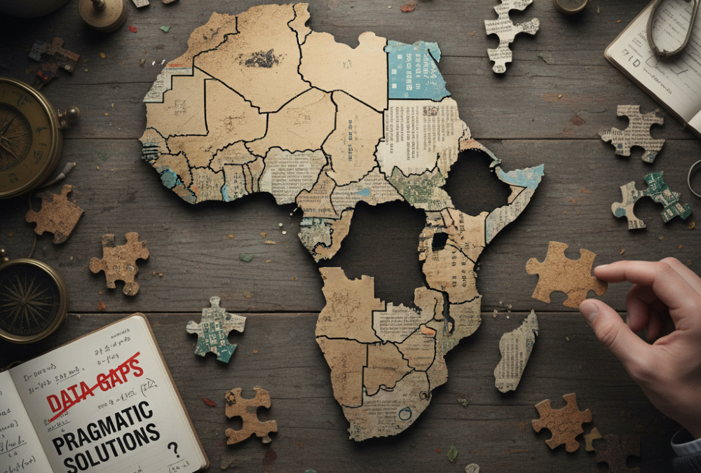 A map of Africa made of incomplete puzzle pieces, visualizing the continent's data gaps and the need for pragmatic solutions.