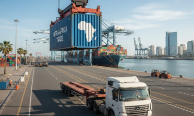 A cargo container being loaded onto a truck at a modern African port, symbolizing the increase in intra-African trade.