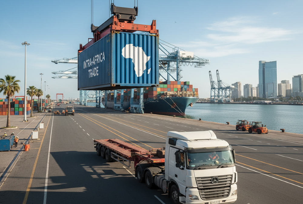 A cargo container being loaded onto a truck at a modern African port, symbolizing the increase in intra-African trade.