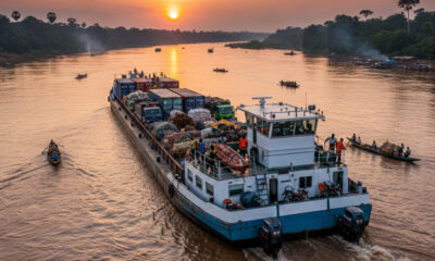 Modern barge transporting goods on the Congo River, showcasing African river transport.