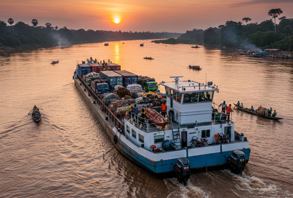 Modern barge transporting goods on the Congo River, showcasing African river transport.