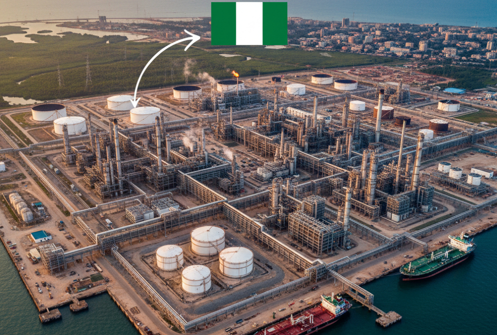 Aerial view of the Dangote Refinery in Nigeria symbolizing the nation’s shift from crude oil exports to local refining and energy independence.