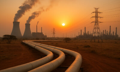 African energy infrastructure including power plants, pipelines, and refineries under a rising sun, symbolizing pragmatic investment and inclusive transition