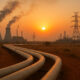 African energy infrastructure including power plants, pipelines, and refineries under a rising sun, symbolizing pragmatic investment and inclusive transition