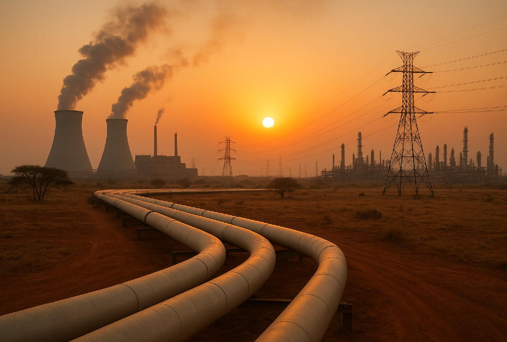 African energy infrastructure including power plants, pipelines, and refineries under a rising sun, symbolizing pragmatic investment and inclusive transition
