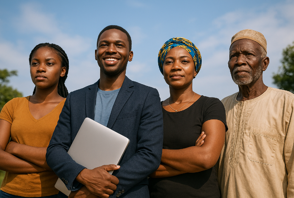 African youth, entrepreneurs, and elders shaping a future defined by resilience, innovation, and self-determined narratives—challenging outdated global perceptions of the continent.