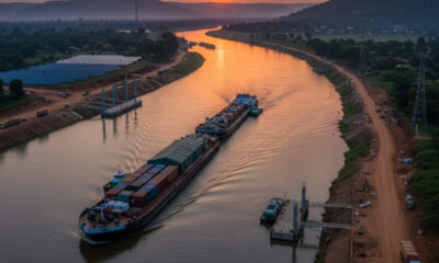 Wide-angle shot of a cargo barge moving along a vast African river at sunset, representing new inland trade routes and infrastructure investment for sustainable continental development.