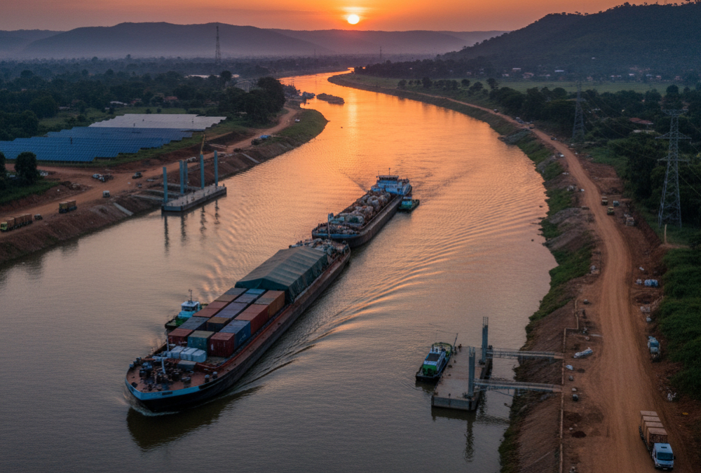 Wide-angle shot of a cargo barge moving along a vast African river at sunset, representing new inland trade routes and infrastructure investment for sustainable continental development.