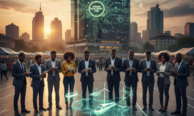 A digital representation of African economic growth through tokenized assets, showing blockchain networks connecting diaspora investors, local savers, and real-world infrastructure like farms and solar plants across the continent.