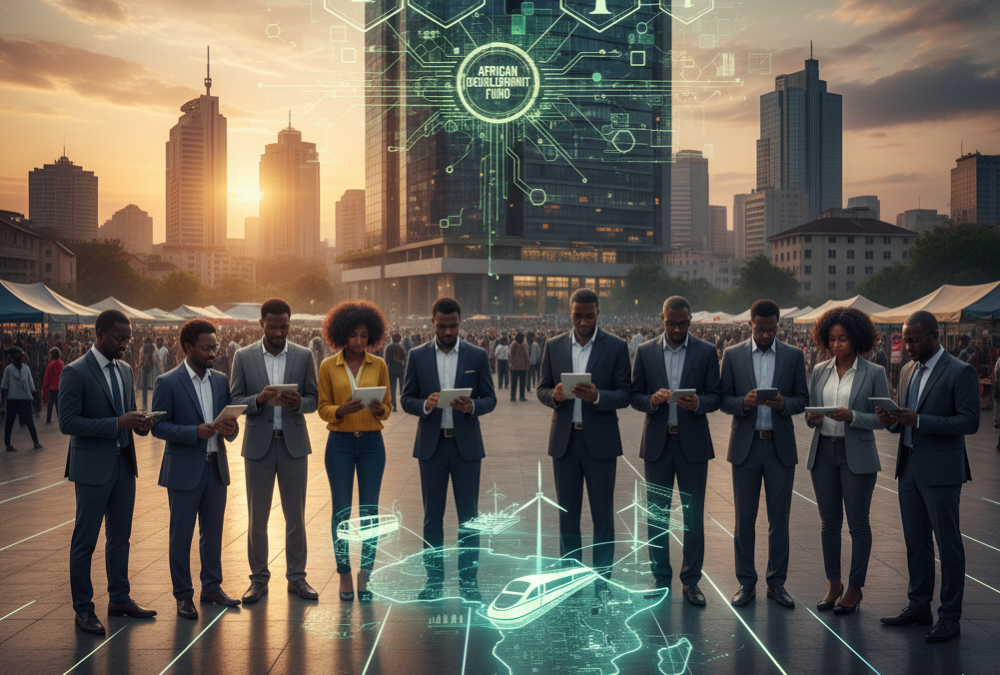 A digital representation of African economic growth through tokenized assets, showing blockchain networks connecting diaspora investors, local savers, and real-world infrastructure like farms and solar plants across the continent.