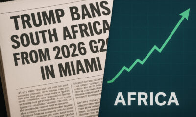 A split image contrasting shouting newspaper headlines with a calm, growing financial chart for Africa