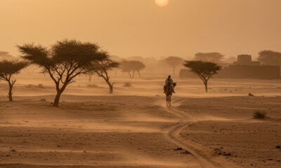Dusty Harmattan wind blowing across a West African landscape