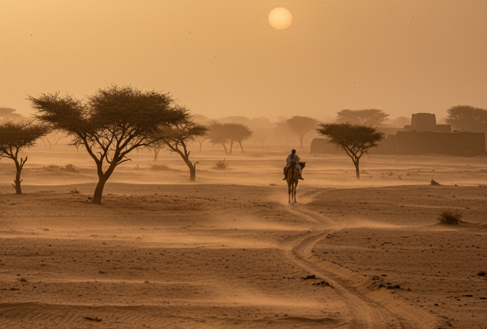 Dusty Harmattan wind blowing across a West African landscape