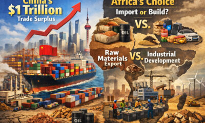 Visual representation of China’s $1 trillion trade surplus contrasted with Africa’s reliance on exporting raw materials and importing finished goods, emphasizing Africa’s opportunity to build industrial capacity and economic independence.