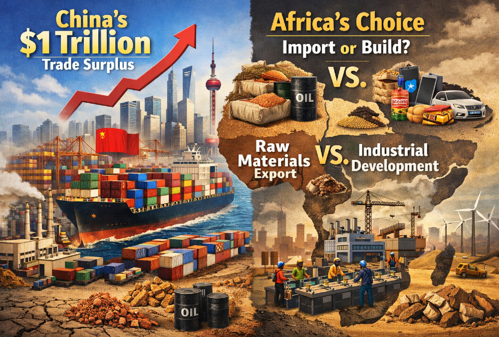 Visual representation of China’s $1 trillion trade surplus contrasted with Africa’s reliance on exporting raw materials and importing finished goods, emphasizing Africa’s opportunity to build industrial capacity and economic independence.